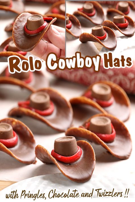 Chocolate Dip Pringle Cowboy Hat, Chocolate Pringle Cowboy Hat, Chocolate Pringles Cowboy Hats, Rolo Candy Crafts, Western Cake Pops Cowboy Birthday, Cowboy Hat Pringles, Cowboy Theme Appetizers, Cowboy Party Appetizers, Rodeo Party Snack Ideas