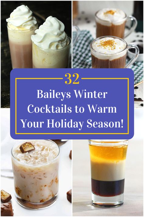 Collage of 4 baileys winter cocktails. Baileys And Vodka Drinks, Baileys Holiday Drinks, Christmas Olympics, Baileys And Vodka, Hot Alcoholic Drinks, Baileys Recipes Drinks, Holiday Coffee Drinks, Fun Holiday Drinks, Kahlua Drinks