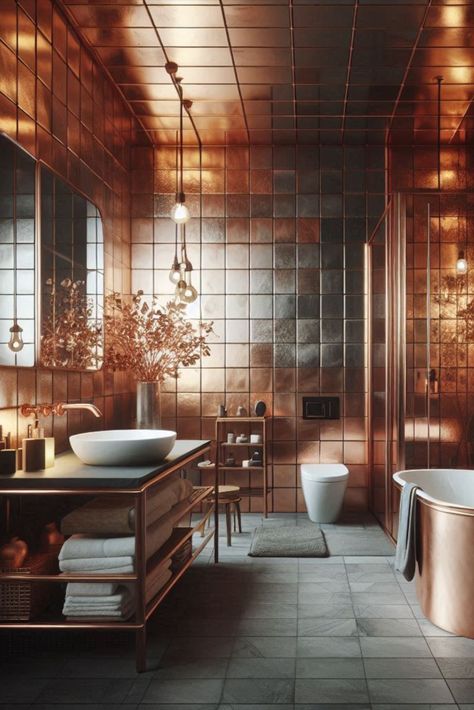 Add warmth and industrial chic with these metallic copper tiles. A little shine goes a long way in bathroom design. #CopperTiles #MetallicTiles Industrial Tiles, Industrial Tile, Tiled Bathroom, Copper Tiles, Tiles Ideas, Metal Tile, Metallic Copper, Bathroom Tiles, In Bathroom