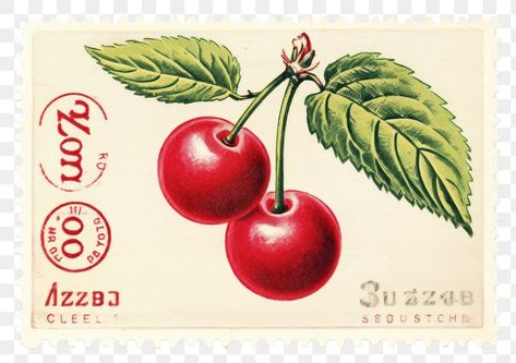 Stamp Illustration, Cherry Plant, Fruit Png, Vintage Png, Vintage Cherry, Food Stamps, Png Vintage, Vintage Fruit, Cherry Cola