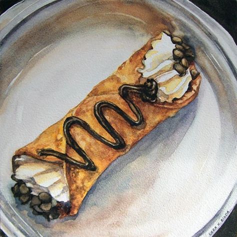 Kara K Bigda | WATERCOLOR | Holy Cannoli Pizza Mural, Food Watercolor Painting, Pastry Illustration, Cafe Illustration, Tattoo Food, Sweets Drawing, Cream Pastry, Holy Cannoli, Food Watercolor