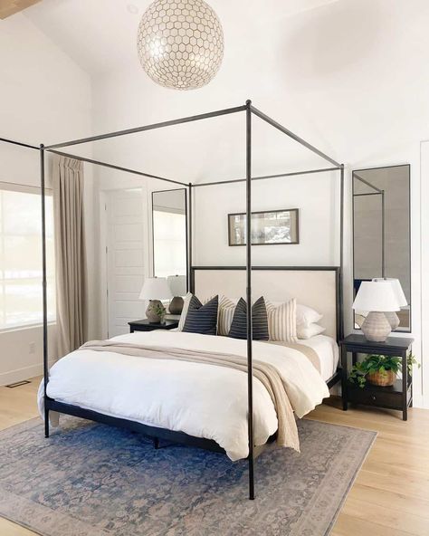 Mirrors Behind Nightstand Ideas, Mirror Behind Nightstand, Tan Bedding, Bedroom Decor Black, Black Canopy Bed, Light Blue Bedding, White Wall Bedroom, Canopy Bed Frame, Interior Design Resources