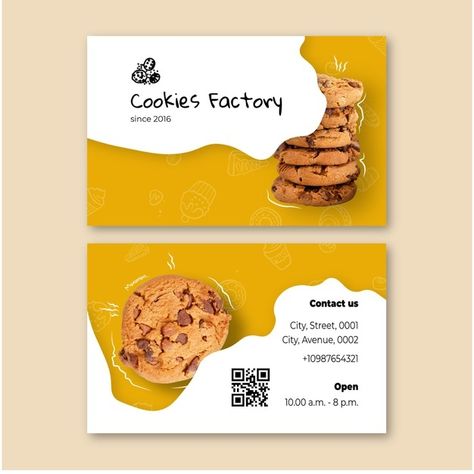 Food Bussiness Card, Card Branding Design, Face Cookies, Cookie Factory, Food Business Card, Restaurant Business Cards, Bakery Business Cards, Food Cards, Double Sided Business Cards