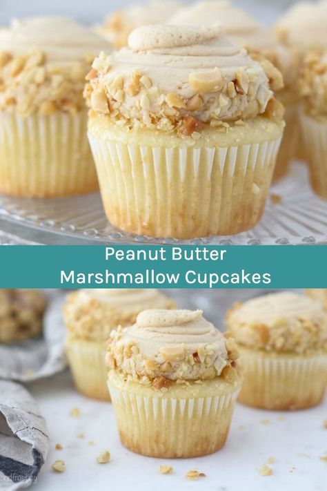 These Peanut Butter Marshmallow Cupcake are moist vanilla cupcakes, filled with a sticky marshmallow crème and topped with a fluffy peanut butter and marshmallow frosting and chopped peanuts #NationalPeanutBoard #peanutbuttercupcakes #peanutbutterfrosting #peanutbuttermarshmallow Marshmallow Crème, Marshmallow Frosting Recipes, Cupcakes Amor, Marshmallow Cupcakes, Frosting Cupcakes, Moist Vanilla Cupcakes, Cupcakes Filled, Buckwheat Cake, Peanut Butter Cupcakes