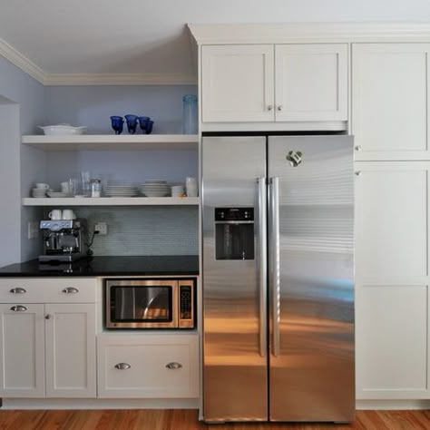 Make the refrigerator look built-in with cabinet surround Microwave Cabinet, Refrigerator Cabinet, Microwave Drawer, Desain Pantry, Rta Kitchen Cabinets, Kabinet Dapur, Shaker Kitchen Cabinets, Diy Backsplash, Small Basements