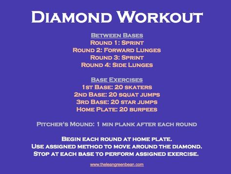 A fun workout to try on the baseball diamond, next time you're at the park! via @LeanGrnBeanBlog Workout Conditioning, Softball Diamond, Baseball Workouts, Softball Workouts, Fitness Friday, Summer Ball, Softball Drills, Baseball Drills, Basketball Tricks