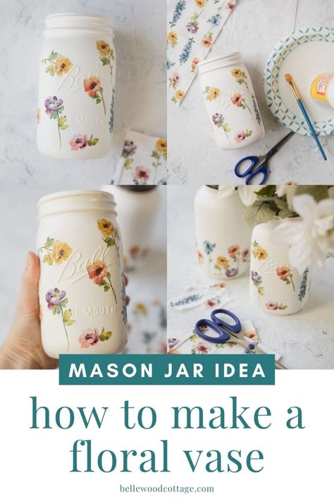 Mason jars make beautiful vases or centerpieces and this garden-inspired DIY Floral Mason Jar Vase Idea is so easy to create. You don't need to know how to paint florals to achieve the sweet decorations on this mason jar craft! This project is great for crafting together at a party or making as a handmade gift for Mother's Day. Mason Jars Painted Diy, Modge Podge Mason Jars Diy, Diy Vase From Glass Jar, Mod Podge Mason Jars Diy, Diy Gift Shop Ideas, Mason Jar Dried Flowers, Mason Jar Ideas For Weddings, Mother’s Day Mason Jar Craft, Recycled Vases Ideas