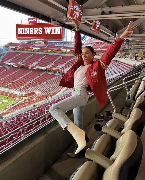 Olivia Culpo Game Day Outfits, Playoff Game Outfit, Women’s Football Outfit, Coke Weather Outfits, Niners Game Outfit Women, 49er Game Day Outfit, Cute Football Game Outfits For Women, Nfl Football Game Outfit Winter, Chiefs Game Day Outfit Winter