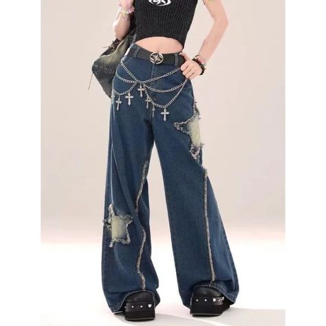 DetailsMaterial: PolyesterClosure Type: Button fly Star Patch Jeans, Brianne Tju, Patch Jeans, Shiny Pants, 2024 Color, Style Basic, Patched Jeans, Type Of Pants, Really Cute Outfits