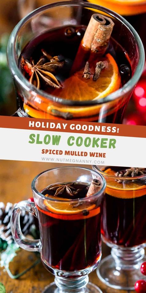 This slow cooker spiced mulled wine is perfect for large holiday gatherings. So warm and comforting it's bound to be the drink of the season. Plus it's kept warm all night long by heating in the slow cooker. Thanksgiving Mulled Wine, Fall Mulled Wine, Crock Pot Mulled Wine, Slow Cooker Mulled Wine, Crockpot Mulled Wine, Crockpot Wine, Mulled Wine Recipe Slow Cooker, Mulled Wine Recipe Crockpot, Mulled Wine Crockpot