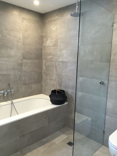 Shower next to bath with screen to stop splash onto toilet ... Wetroom Wetroom With Bathtub, Wetroom With Bath, Black White And Grey Bathroom Ideas Small Spaces, Bath And Shower Next To Each Other, Bathroom With Shower And Bath, Compact Bathroom Design, Stone Tile Bathroom, Tiny Bathroom Ideas, Bathrooms Ideas