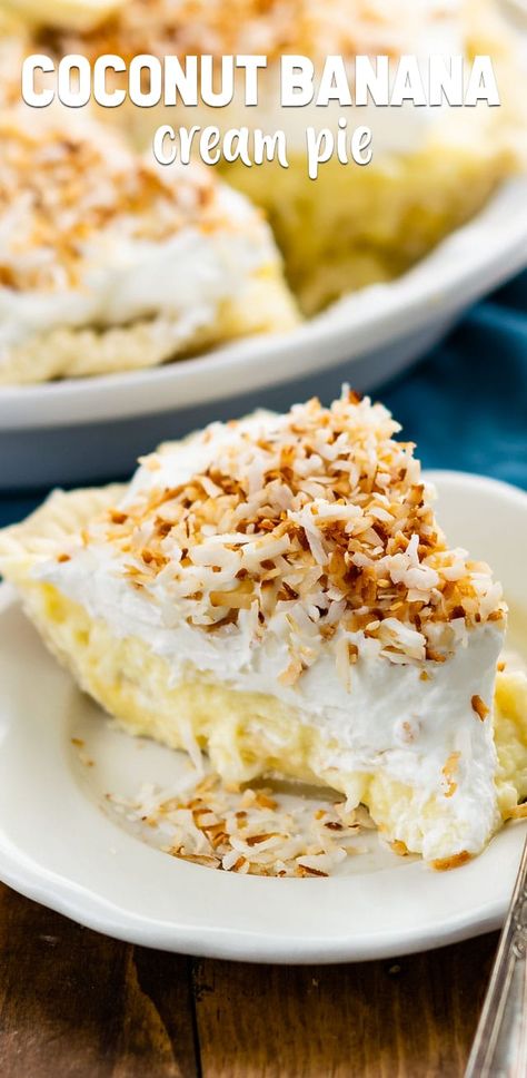 This Coconut Banana Cream Pie is completely from scratch! This easy pie has a homemade butter pie crust, homemade coconut pudding and fresh whipped cream. Banana Coconut Dessert, Coconut Banana Cream Pie, Banana Coconut Cream Pie, Pie Crust Homemade, Butter Pie Crust, Banana Cream Cheesecake, Banana Cream Pie Recipe, Banana Pie, Banana Pudding Cheesecake