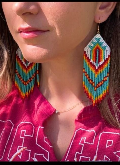 Tribal Earrings Native Large Boho American Seed Beads Handmade Earring Large Beaded Earrings, Turquoise Beaded Earrings, Flag Earrings, Native American Beadwork Patterns, Beautiful Beaded Earring, Seed Bead Jewelry Patterns, Large Dangle Earrings, Beaded Jewelry Earrings, Beaded Hair Clips