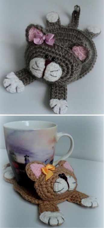 Crocheted Cat Coasters, Free Cat Coaster Crochet Patterns, Crochet Objects, Crochet Square Pattern, Cat Hats, Crochet Cat Toys, Cat Cup, Crochet Coasters Free Pattern, Crochet Pig