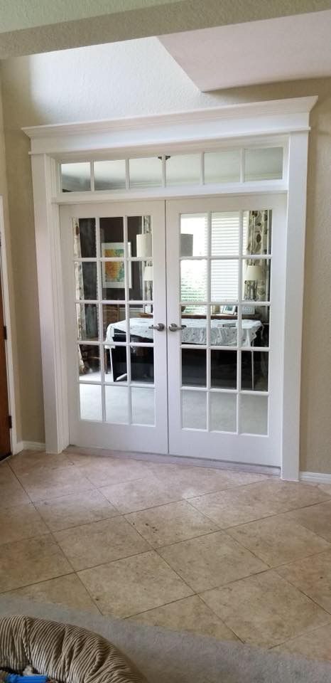 Interior french door with transom installed by KGK Home Improvements, LLC in Austin Texas 78739. French doors are Masonite 72 x 80, 15 lite, pine, painted in Benjamin Moore Advance White Dove in a satin sheen. The transom is a 6-lite made of pine. Transom Windows Over French Doors, French Door With Transom, Indoor French Doors Living Room, Office Doors With Transom, French Doors With Transom Windows, Interior French Doors With Transom, French Doors Home Office, French Doors Office, Home Office With French Doors