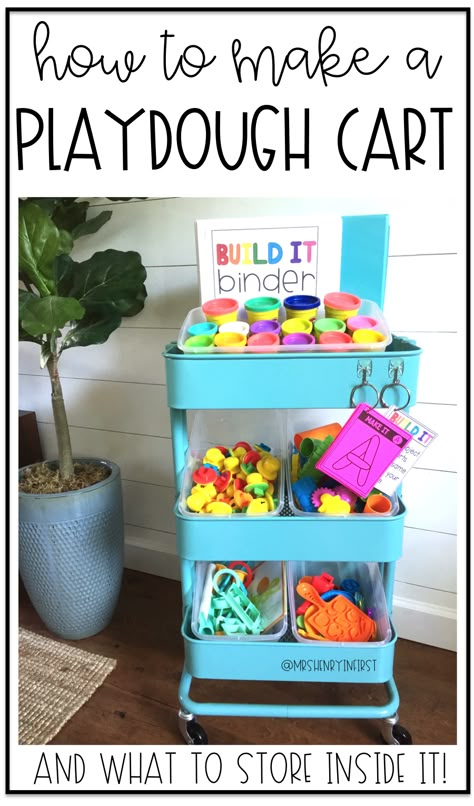 Kindergarten Classroom Organization Layout, Art Cart Kindergarten, Preschool Room Must Haves, Cool Preschool Classrooms, Classroom Center Ideas Preschool, Play Doh Center Ideas, Play Doh Station Center Ideas, Three Tier Cart Classroom, Center Ideas For Preschool Classroom