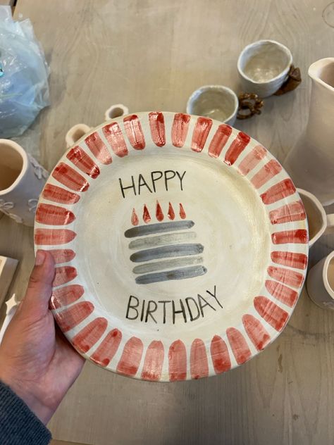 Just made a ceramic birthday plate for everyone in my family to use! Birthday Ceramics, Birthday Pottery, Happy Birthday Plate Diy, Christmas Plates Diy Kids, Pottery Painting Party, Diy Birthday Plate Kids, Birthday Cake Plate Design, Birthday Plate Design, Baby Birthday Plate Diy