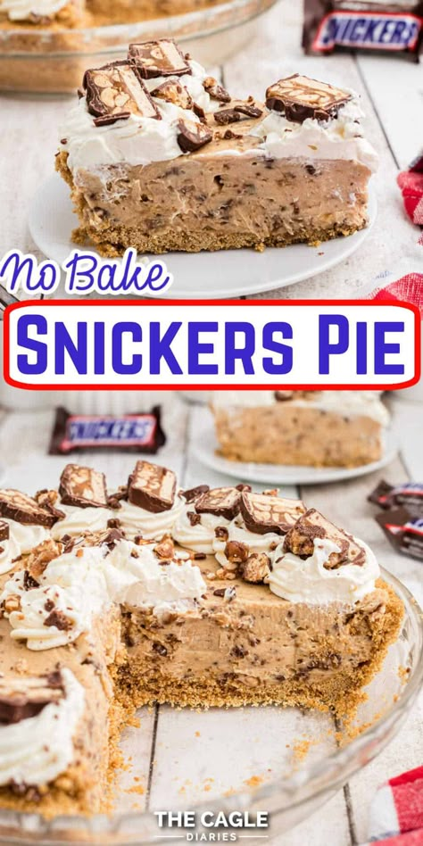 This no bake Snickers Pie is a delicious treat you'll be wanting again and again. It's rich and pretty enough to be made for any special occasion but easy enough to whip up any time. Like a no bake cheesecake, this dessert is creamy and decadent. Snickers Pie, Dinner Pasta, Vegetarian Desserts, Easy Pie Recipes, Snickers Bar, Cookies Baking, Cold Desserts, Bake Cheesecake, Easy Pie