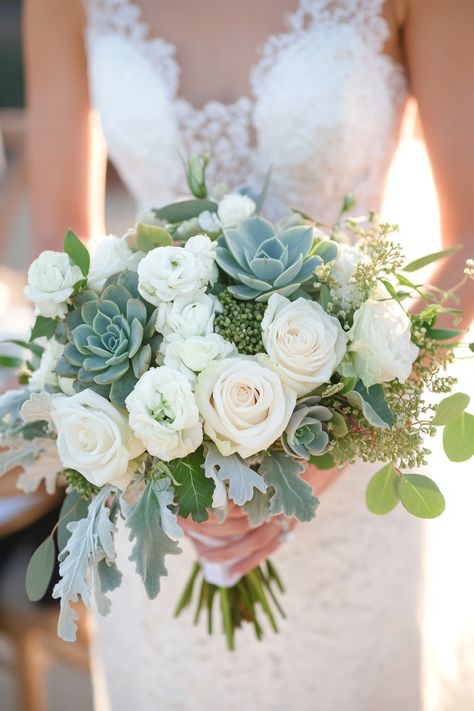 Incorporate succulents into wedding flowers for a unique bridal bouquet! These stunning plants add a touch of greenery and individuality to your floral arrangements, making your special day memorable. Save this idea for your dream wedding!  #WeddingPlanning #BridalBouquet #SucculentFlowers #UniqueBridalIdeas #FloralInspiration #WeddingDecor #EcoFriendlyWeddings #BouquetIdeas #SucculentWedding #WeddingTrends #FloralDesign #WeddingInspiration #RusticWedding #WeddingFlowers #CreativeWeddings Flower Bouquet With Succulents, Succulent Wedding Flowers Centerpieces, Boho Wedding Bouquet Greenery, Succulent Wedding Ideas, Wedding Flowers Succulents, White Roses Eucalyptus Bouquet, Hydrangea And Eucalyptus Bouquet, Petite Bridal Bouquet, Bridal Bouquet White With Greenery