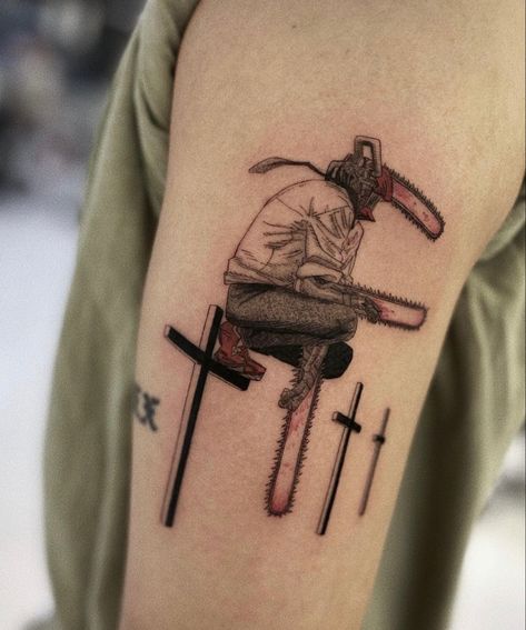 Denji Chainsawman Manga, Graveyard Tattoo, Symmetrical Tattoo, Chainsaw Man Anime, Funky Tattoos, Clover Tattoos, Manga Tattoo, Man Anime, Anime Tattoo