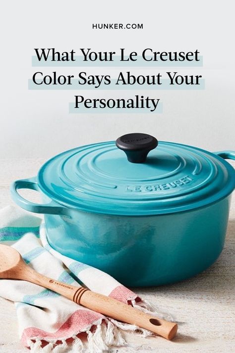 Buying your next Le Creuset kitchen piece is a big decision, how do you know which color to choose? This guide will help match your personality to the right color for your next kitchen accessory. Best Le Creuset Recipes, La Creuset, Le Creuset Mix And Match, Le Creuset Color Pairing, Le Creuset Colors Combinations, Le Creuset Dutch Oven Recipes, Dutch Oven Le Creuset, Le Creuset 3.5 Quart Recipes, Le Crueset