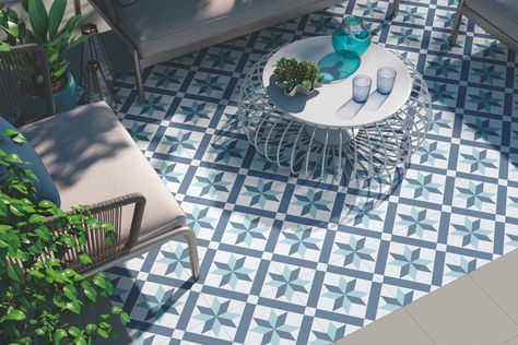 Add contrast to your garden with colourful tiles, like the Hanoi Star Blue Tiles, £18.99 per sqm, from Tile Mountain... read more | #homedesign #interiorinspo #renovation #homedecorideas #dreamhome #homedecor #homeremodel #interiordesign #indooroutdoor #outdoors #gardendecor #decoratingideas #mediterraneanstyle #indooroutdoorliving #kbbmag Blue Floor Tile, Greek Garden, Terrace Tiles, Garden Tiles, Enclosed Patio, Floor Edging, Patio Tiles, Blue Floor, Colourful Tile