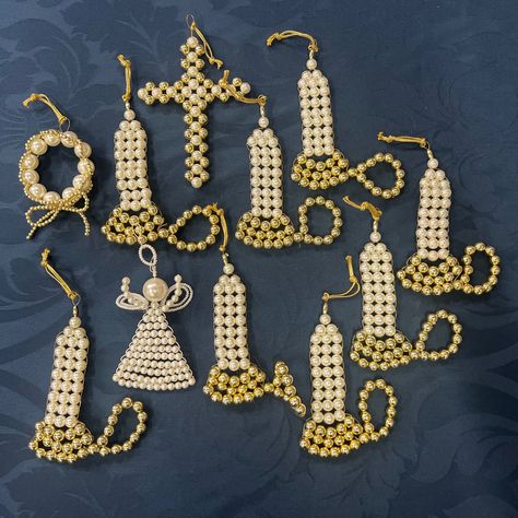 Vintage Gold Beaded Christian Ornaments / 1970s Gift, Vintage Christmas Decor by LowcountryVintDecor on Etsy Chrismon Patterns, Chrismon Ornaments, Christian Christmas Decorations, Blue Christmas Ornaments, Religious Ornaments, Beaded Candle, Christmas Religious, Christian Ornaments, Art Teacher Gifts