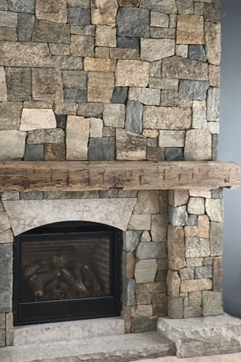 Rock Fireplace With Mantle, Rock Hearth Fireplace, Rock Veneer Fireplace, Wide Stone Fireplace, Stone For Fireplace Surround, Craftsman Stone Fireplace, Drystack Stone Fireplace, Raised Hearth Fireplace Ideas, Rock Mantle