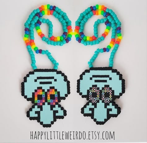 Trippy Spongebob, Rave Perler, Rave Necklace, Goth Necklaces, Kandi Perler, Spongebob Squidward, Rave Ideas, Rave Kandi, Pony Bead Projects