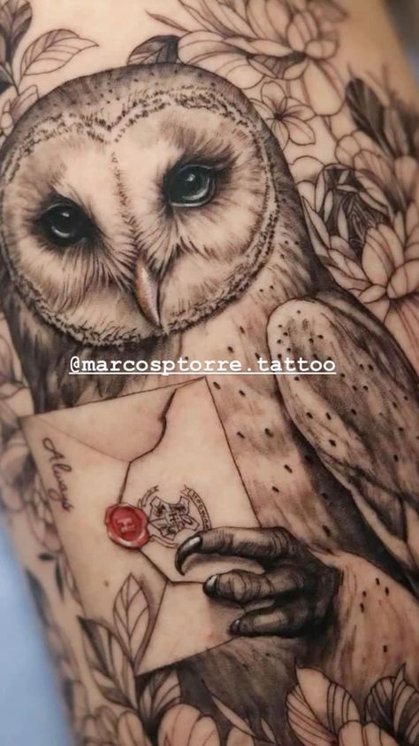 Harry Potter Animals Tattoo, Owl Hand Tattoo For Women, Harry Potter Tattoos Hedwig, Harry Potter Hedwig Tattoo, Hedwig Tattoo Harry Potter, Harry Potter Owl Tattoo, Snow Owl Tattoo, Harry Potter Tattoo Designs, Snowy Owl Tattoo