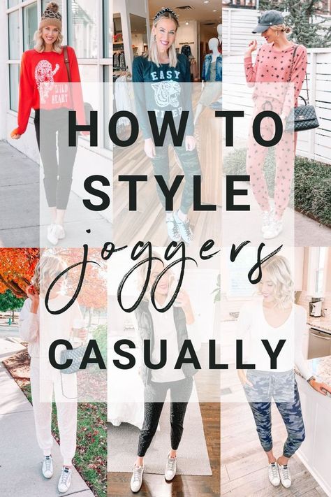 Have you wondered how to style joggers casually? They are a huge trend lately and for great reason! They are comfy and easily transition from home to out and about. I have you covered with seven…… More How To Style Joggers For Women Casual, Tops To Wear With Joggers, Styling Joggers Women, How To Style Joggers For Women, How To Style Joggers, Style Joggers Women, Dressing Up Joggers Outfits, Outfits With Joggers, Joggers Outfit Women