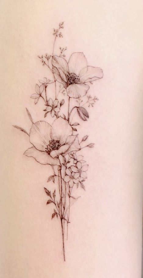 Realistic Wild Flower Tattoo, Elegant Womens Tattoos, Wild Flower Tattoos For Women, Wildflower Tattoo Ribs, Botanical Tattoo Vintage, Fineline Tattoo Ideas, Dainty Flower Tattoos, Vintage Floral Tattoos, Vintage Flower Tattoo