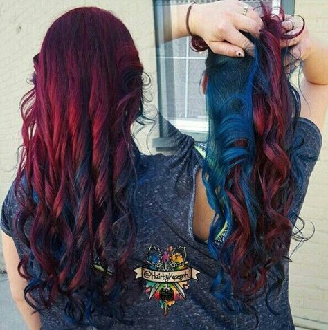 Burgundy Hair With Teal Highlights, Burgundy Blue Hair, Burgundy Hair With Blue Highlights, Red And Blue Balayage Hair, Blue And Burgundy Hair, Red And Blue Peekaboo Hair, Burgundy And Teal Hair, Red To Blue Ombre Hair, Red And Blue Hair Color