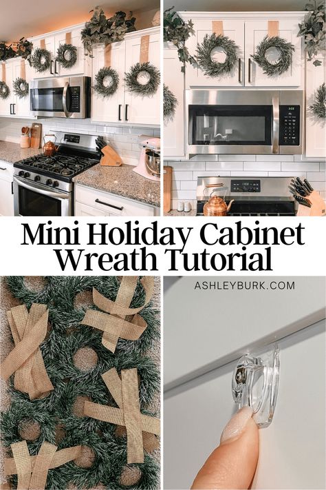 How to Make DIY Kitchen Cabinet Wreaths • Ashley Burk Kitchen Cabinet With Wreath, Mini Christmas Wreaths For Kitchen Cabinets, Kitchen Cupboard Christmas Wreaths, Christmas Wreath For Kitchen Cabinets, Kitchen Window Wreaths Indoor, Kitchen Christmas Decorations Cabinets Diy, Christmas Garland On Cabinets, Small Wreaths On Kitchen Cabinets, Cabinet Door Wreaths Christmas