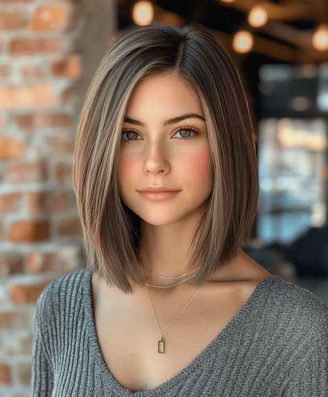 51 Gorgeous Lob Haircuts With Balayage, Highlights, And Trendy Colors Asymetrical Haircut Shoulder Length, A Line Lob Straight Hair, Best Long Bob Haircuts, Long Angled Bob Hairstyles For Fine Hair, Brunette Short Straight Hair, Just Above The Shoulders Haircut, Haircut Right Above Shoulders, Straight Bob Haircut Side Part, Introverted Bob Haircut