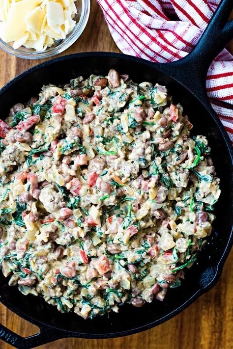 Sausage, Bean, and Spinach Dip | Foodtalk Sausage Cream Cheese Dip, Maple Bacon Brussel Sprouts, Chicken Corn Chowder Recipe, Favorite Party Appetizers, Sausage Cream Cheese, Dip With Cream Cheese, Sausage Parmesan, Sausage Dip, Sausage Spinach