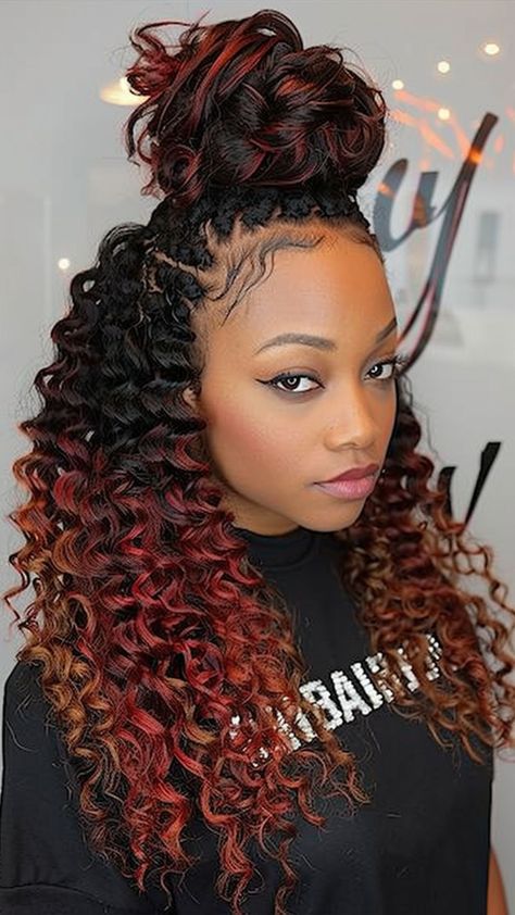 25 Crochet Hairstyles: Crafted Elegance for Every Head Half Up Half Down Crochet Braids, Half Up Crochet Braid Styles, Burgundy Crochet Hairstyles, Braids For Formal Events, Crotchet Braids Pattern Hair, Braids And Crochet Hairstyles Half, Human Hair Crochet Styles, Half Up Half Down Crochet Hairstyles, Crochet Updo Hairstyles