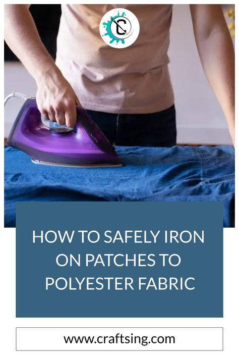 Learn how to safely iron on patches onto polyester fabric using proper heat settings, pressing cloths and working in short bursts to avoid damaging the delicate synthetic material. Sewing Guide, Synthetic Materials, Iron On Patches, Polyester Fabric, Heat, Sewing, Fabric