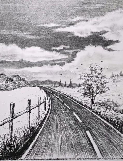 This gives illusion of depth because the scale of the road, trees, and poles get smaller and smaller the further they are, which us how the eye perceives them in real life Pencil Drawings Of Nature Landscapes, Landscape Sketch Pencil Nature, Natural Scenery Drawing Pencil, Landscape Sketch Nature, Landscape Pencil Drawings, Drawing Scenery, Fall Canvas Painting, Nature Art Drawings, Canvas For Beginners