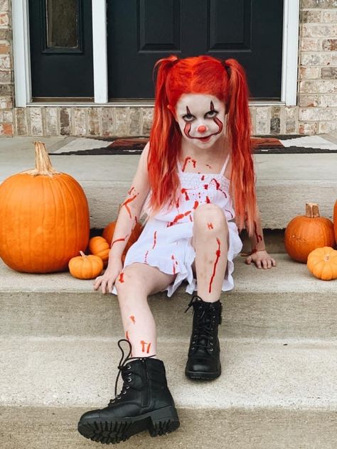 Halloween Costumes Kids Girls Age 10, Kids Scary Clown Makeup, Scary Clown Makeup For Kids, Kids Scary Clown Costume, Girls Scary Clown Costume Diy, Kids Creepy Clown Makeup, It The Clown Makeup Girl, Halloween Costumes Women Scary, Scary Clown Costume