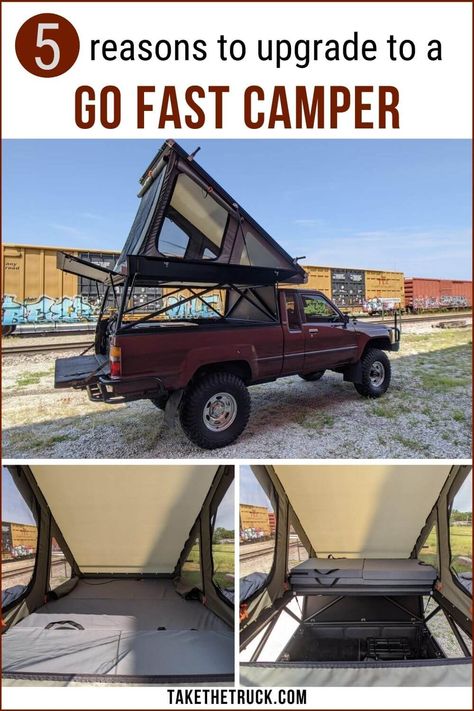 We got a wedge truck camper for our truck bed camping family of 3! Check out this post for 5 main reasons we went with Go Fast Campers over other wedge camper companies. #takethetruck #gofastcampers #truckcamping #overlanding Truck Camping Setup, Truck Topper Camping, Truck Cap Camping, Pickup Camping, Overland Camper, Camping Truck, Toyota Camper, Camping Setup, Truck Canopy