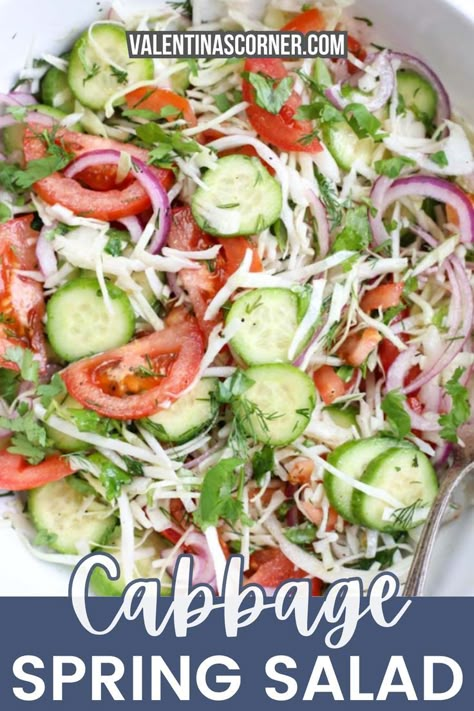 A crunchy and crispy cabbage salad recipe that's loaded with tomatoes, cucumbers and onions, than tossed in a light dressing. The best homemade salad recipe! #springsalad #salad #saladrecipe #cabbagesalad #cabbage Sides With Cabbage, Cabbage Cucumber Salad Recipes, Salad Recipes With Cabbage, Summer Cabbage Recipes, Cabbage Salad Ideas, Chopped Cabbage Salad Recipes, Cold Cabbage Salad Recipes, Cabbage Ideas, Cabbage Cucumber Salad