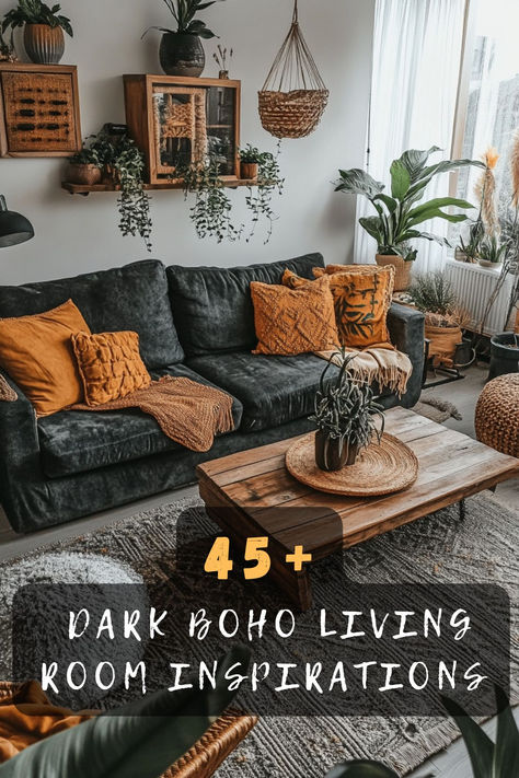 Create a cozy retreat with 45 dark boho living room ideas that offer warmth and style. Featuring plush textiles, layered rugs, and ambient lighting, these designs invite relaxation. Click to discover these cozy inspirations and make your living room a boho haven! 🕯️🌿 #DarkBoho #CozyDecor #LivingRoomIdeas #PlushTextiles #AmbientLighting #WarmSpaces #BohoHaven Cozy Living Rooms Dark Grey Couch, Grey Boho Living Room Ideas, Grey Walls Boho Living Room, Boho Gray Living Room, Boho Living Room With Black Accents, Boho Living Room Black And White, Boho Chic Living Room Grey Couch, Dark Gray Couch Boho Living Room, Dark Grey Sofa Boho Living Room