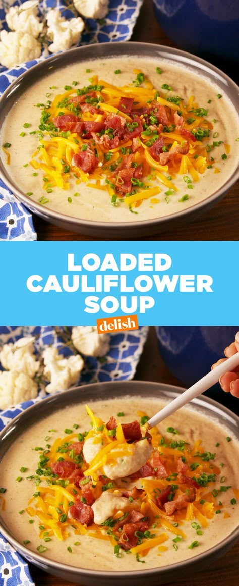 Loaded Cauliflower SoupDelish Loaded Cauliflower Soup, Healthy Potato, Loaded Cauliflower, Healthy Potatoes, Cauliflower Soup Recipes, Soup Healthy, Keto Soup, Low Carb Soup, Cauliflower Soup