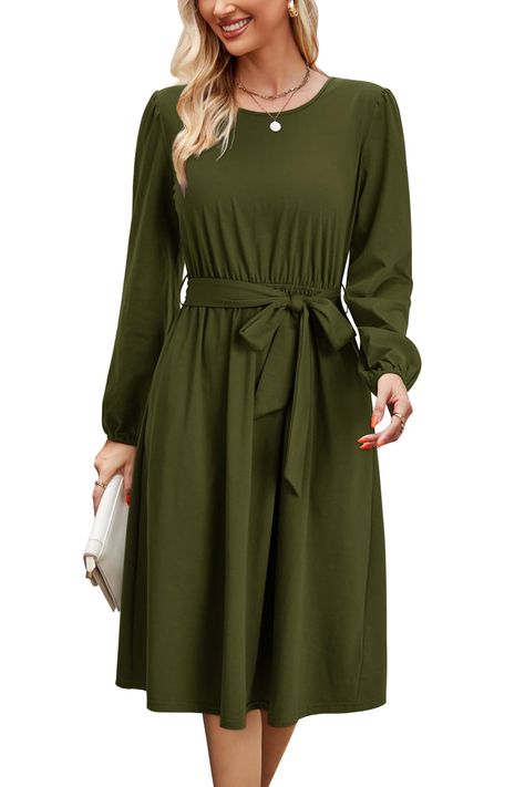 PRICES MAY VARY. FALL DRESSES FOR WOMEN 2024: Long sleeve dress for women adopts soft, stretchy and lightweight fabric, comfortable to wear all day. WEDDING GUEST DRESSES FOR WOMEN FALL: Long sleeve dress/ women's casual dresses/ dress with pockets/ flowy dresses for women/ elastic waist/ crew neck/ a line dresses for women/ tie waist dres/ long sleeve midi dress/ midi dresses for women/ modest dresses for women/ homecoming dresses/ belted dress/ fall wedding guest dresses/ winter dress/ spring Green Maxi Dress Outfit Winter, Dresses With Mid Calf Boots, Romantic Professional Style, Winter Dresses For Women Over 50, Long Sleeve Winter Dress Casual, Midi Dresses For Petite Women, Olive Green Dress Outfit Fall, Wedding Guest Dresses Winter, Womens Fall Dresses