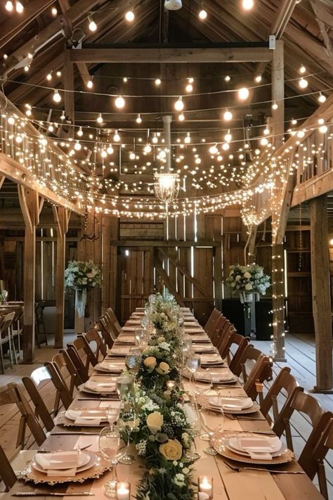 Fairy Lights Barn, Country Fall Wedding Theme, Outdoor Wedding Haybales, Fall Theme Wedding Reception, Fall Farmhouse Wedding Decor, Barnhouse Wedding Rustic, Wedding Twilight Theme, Modern Farm Wedding Decor, Country Farm Wedding Ideas