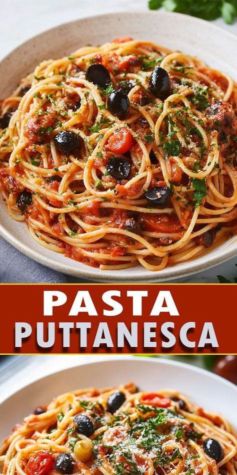 Pasta Puttanesca Ingredients: 1/4 cup extra-virgin olive oil 4 cloves garlic, smashed 4 anchovy fillets, chopped 1 (28-oz.) can diced tomatoes 1/2 cup kalamata olives, pitted 1/4 cup capers 1/2 tsp crushed red pepper flakes Kosher salt to taste 1 lb spaghetti Freshly grated Parmesan, for serving #pasta #easyrecipes Olive Oil Tomato Pasta, Pasta Puttanesca Recipe Authentic, Olive Oil Pasta Recipes, Pasta With Kalamata Olives, Kale Pasta Recipe, Puttanesca Pasta, Spaghetti Puttanesca, Chicken Puttanesca, Pasta Puttanesca Recipe