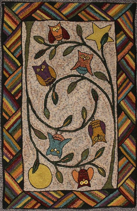 'Owling for You' by Brigitta Phy Interesting Rugs, Designed Background, Hooking Rugs, Hook Rugs, Bird Rug, Rug Hooking Designs, Hook Rug, Primitive Rugs, Latch Hook Rugs