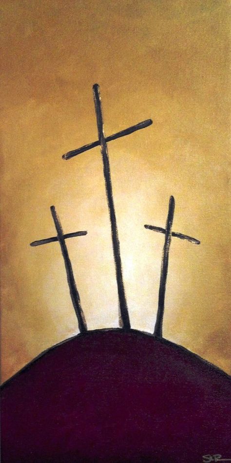 3 cross on a hill Church Painting, Three Crosses, Easter Canvas, Easter Paintings, Wine And Canvas, Cross Art, Easter Art, Best Tattoo Designs, Cross Paintings