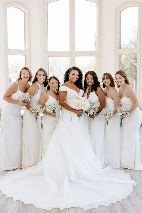 All White Bridal Party Bridesmaids, White Bridal Party Dress, All White Wedding Bridesmaids, All White Bridesmaid Dresses, All White Bridal Party, Wedding Manifestation, White Bridesmaids Dresses, Bridesmaids In White, White Bridesmaid Dress